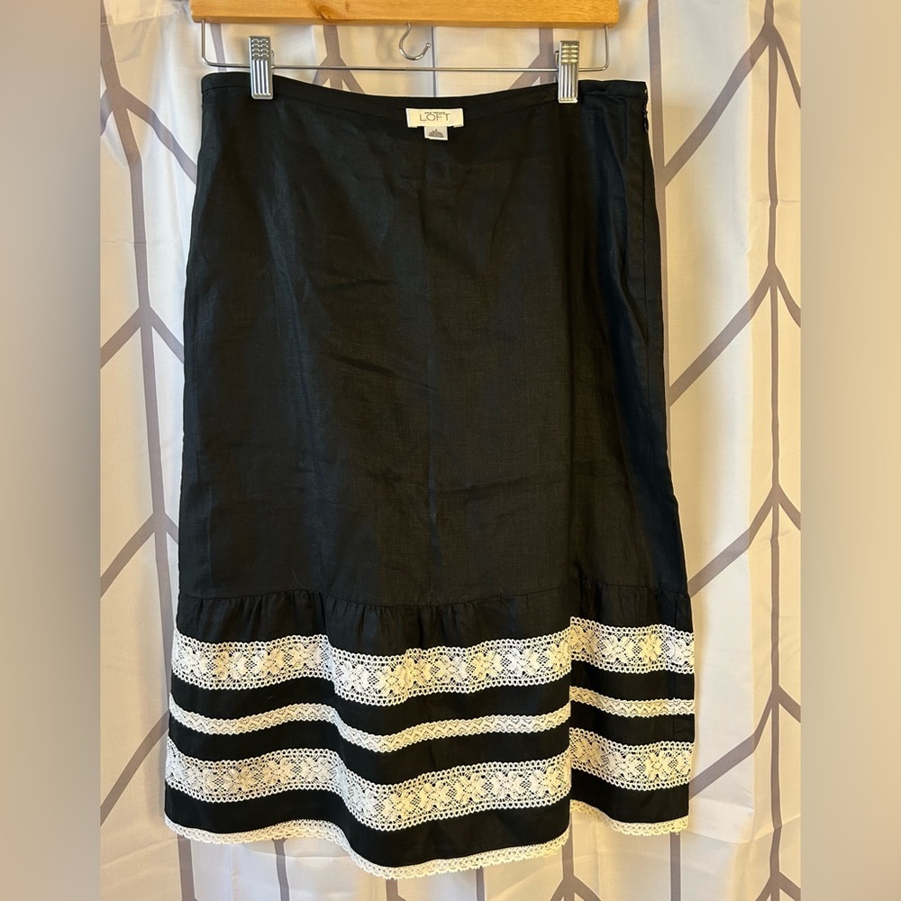 LOFT Linen Black Midi Skirt with White Lace Accents